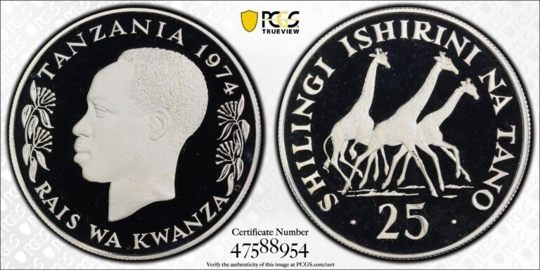 Read more about the article 1974  25 SHILINGI TANZANIA (SILVER) GIRAFFES PCGS PR69 DCAM #47588954 TOP POP!