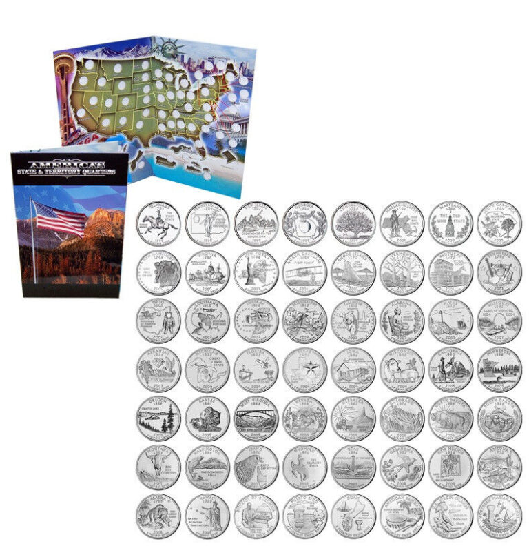 Read more about the article State Quarter Set  Complete 56pc 1999-2009 incl. 6 Territories and Folder Map