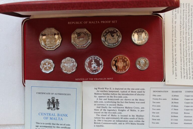 Read more about the article Malta proof Coin set from 1976  original box and COA  9 coins total.