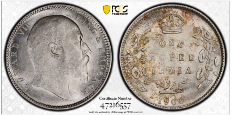 Read more about the article 1906 C INDIA ONE RUPEE SILVER COIN PCGS MS61