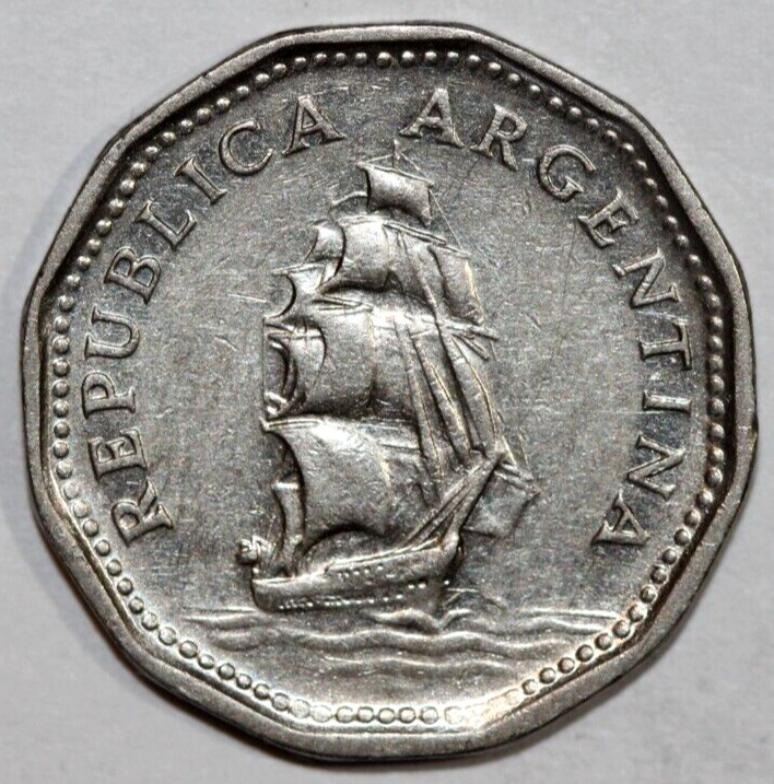 Read more about the article 1963 Argentina  5 Pesos  Sailing Ship Fragata Sarmiento -Foreign Coin 21.5mm