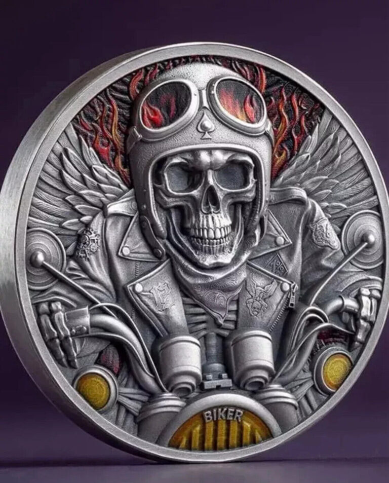 Read more about the article 2024 Ghana Biker Memento Mori 1 oz Antique Silver Coin Mintage of only 1000