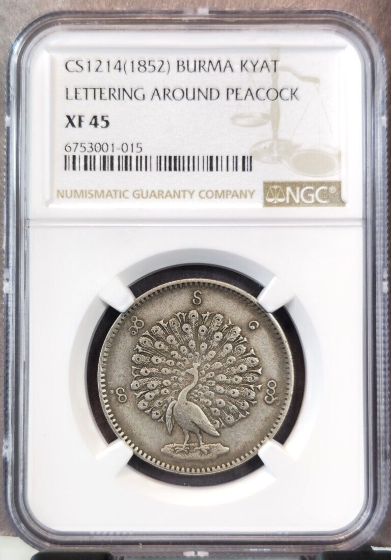 Read more about the article 1852 BURMA SILVER 1 KYAT LETTERING AROUND PEACOCK NGC XF 45 RARE BEAUTIFUL COIN