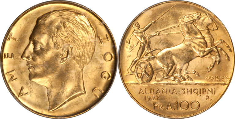 Read more about the article Albania 1927-R Ahmet Zogu Gold 100 Franga No Star Variety PCGS MS-63