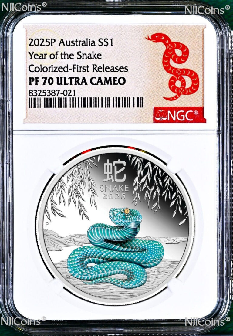 Read more about the article 2025 Australia PROOF Colored Silver Lunar Year of the SNAKE NGC PF70 1oz Coin FR