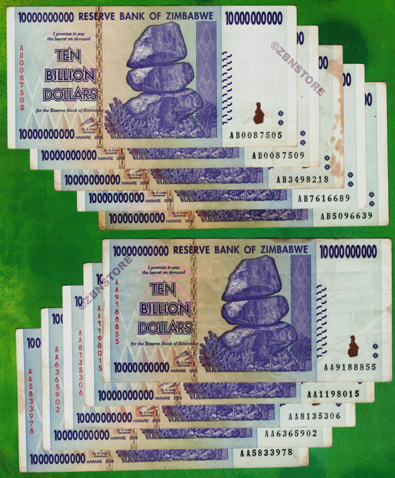 Read more about the article 10 x 10 Billion Dollars Zimbabwe Banknotes AA AB 2008 Authentic Currency w/ COA