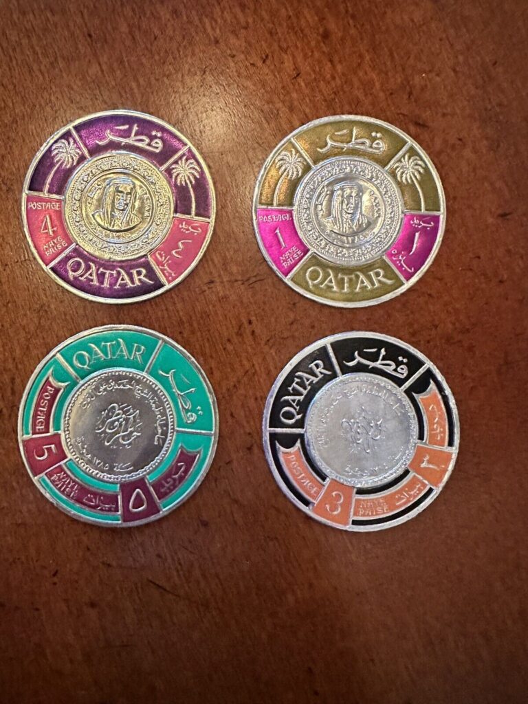 Read more about the article Rare 1966 QATAR METALLIC FOIL Coin Stamps Set of 4 ~ Mint MNH ~ Middle East