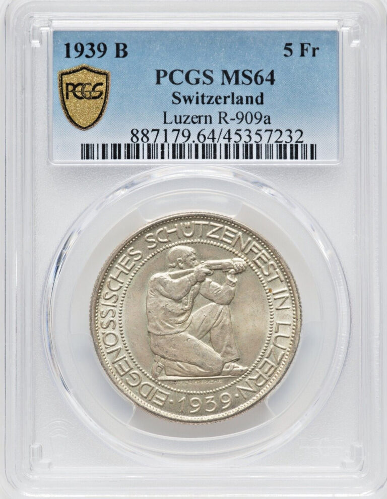 Read more about the article 1939-B Switzerland 5 Francs Luzern Shooting Festival PCGS MS64 R-909a