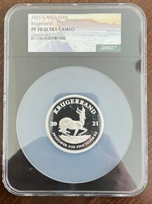 Read more about the article 2021 South Africa 2 oz Silver Proof Krugerrand NGC PF 70 UCAM  Black Holder