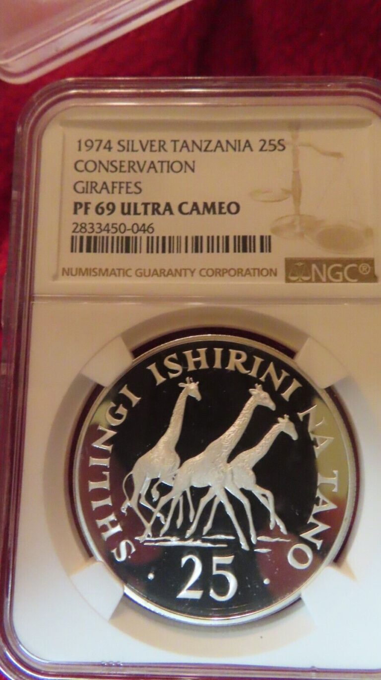 Read more about the article 1974 25 Shilling Tanzania  Wildlife Conservation Giraffe Silver  Coin PCGS PR69