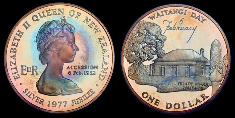 Read more about the article 1977 New Zealand Waitangi Day Silver Dollar NGC PR68 DCAM Rainbow Toned Gorgeous