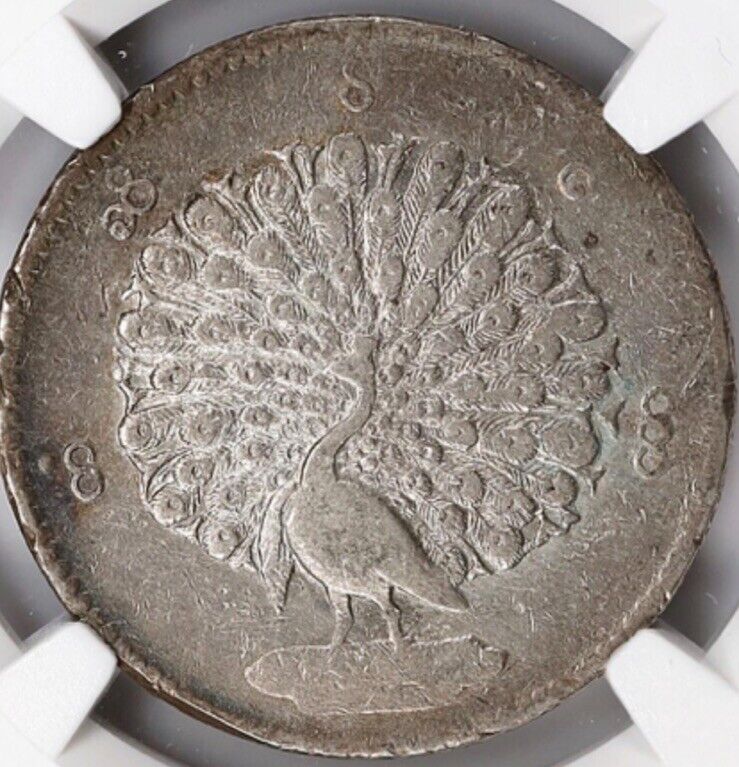 Read more about the article NGC AU Burma PEACOCK 1 Kyat Silver Coin  1852 AD CS1214 Mandalay Mint  STUNNING!