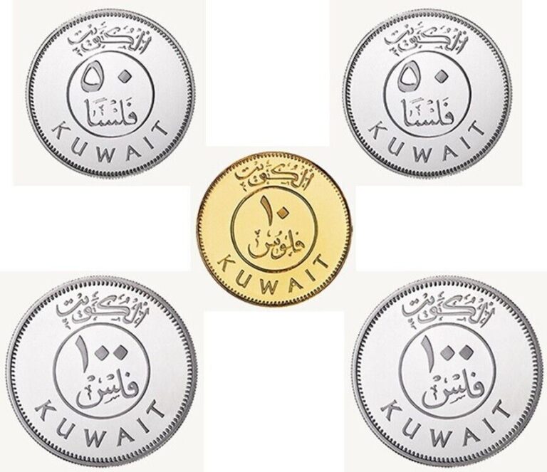 Read more about the article Kuwaiti Dinar Fils Coins (10  50 and 100 Fils) Lot of 5 Coins.