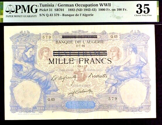 Read more about the article Tunisia WWII 1000 Francs Pick#31 1892 (ND 1942-43) PMG 35 VF Banknote