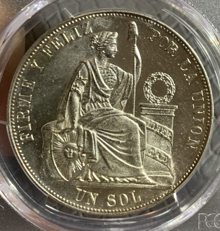 Read more about the article 1885 PERU ONE SOLE SILVER COIN PCGS MS62  PROOF LIKE CONDTION