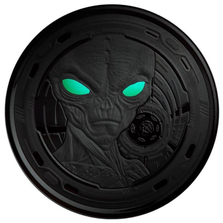 Read more about the article 2022 1 oz Silver Coin Ghana Alien .999 Silver Black Rhodium Surface w/ UV Color