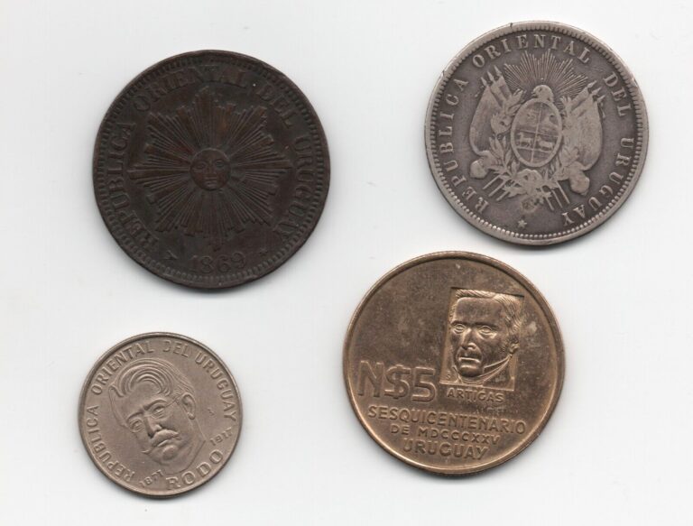 Read more about the article Four Uruguay Coins  4 cents 1869  50 cents 1877  50 pesos 1971  5 new pesos 1975