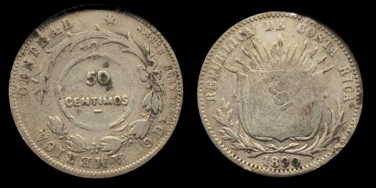 Read more about the article 1923 Costa Rica 50 Centimos  Host Date 1890   750 Silver  Counterstamped Coinage