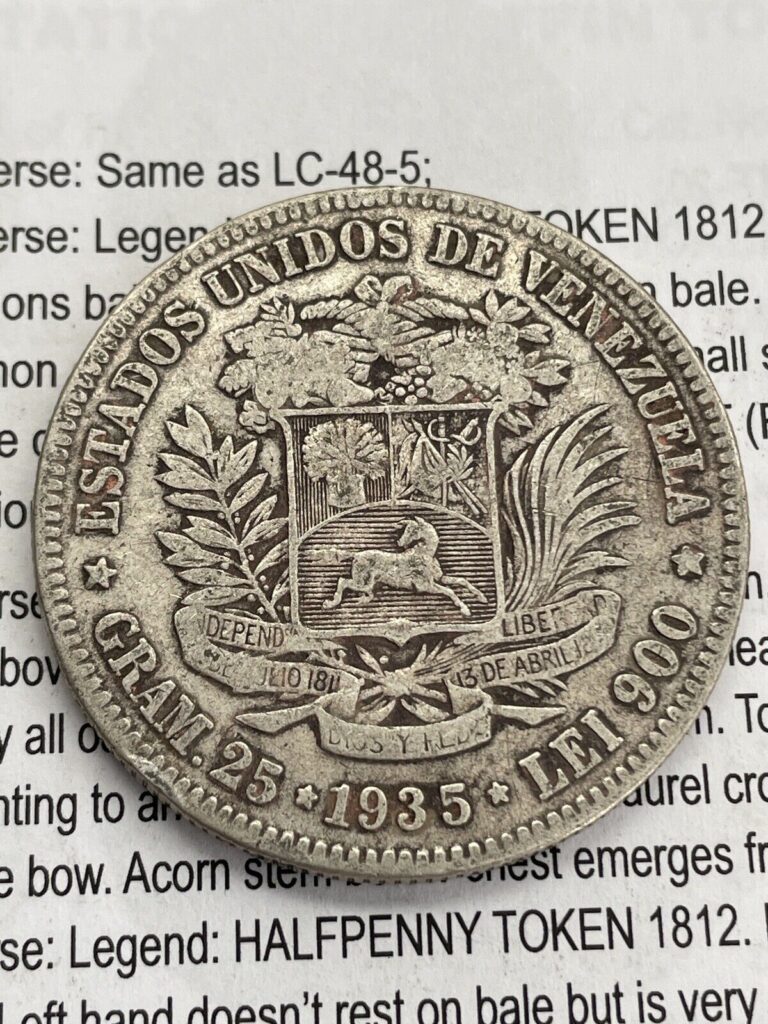Read more about the article 1935 Venezuela 5 Bolivares Large Crown Sized Silver Coin .900 Ag