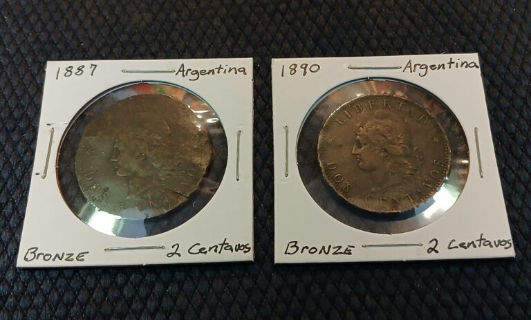 Read more about the article 1887 and 1890 Argentina Lot of 2 – 2 Centavos Bronze Coins   (B)