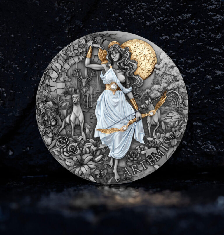 Read more about the article 2024 Cameroon Artemis 2 oz  Silver Coin Antique Finish with real Diamond insert