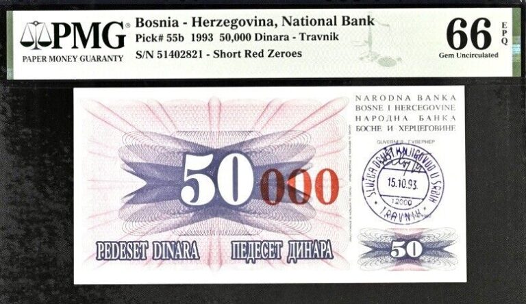 Read more about the article Bosnia-Herzegovina 50 000 Dinara-Travnik Pick#55b 1993PMG 66EPQ gem Unc Banknote