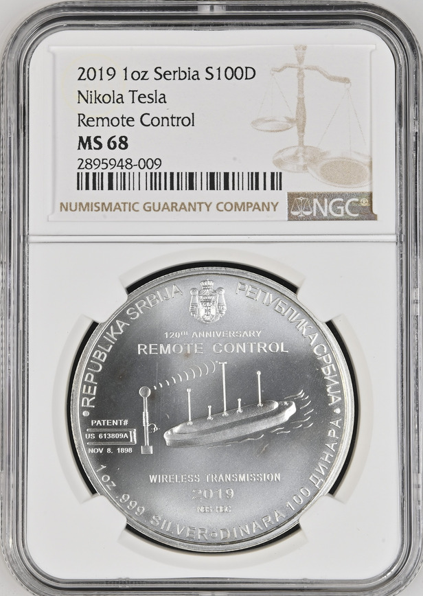 Read more about the article :2019 100 DINAR/1OZ SILVER SERBIA NGC MS68 TESLA REMOTE CONTROL RARE R3 LOW POP