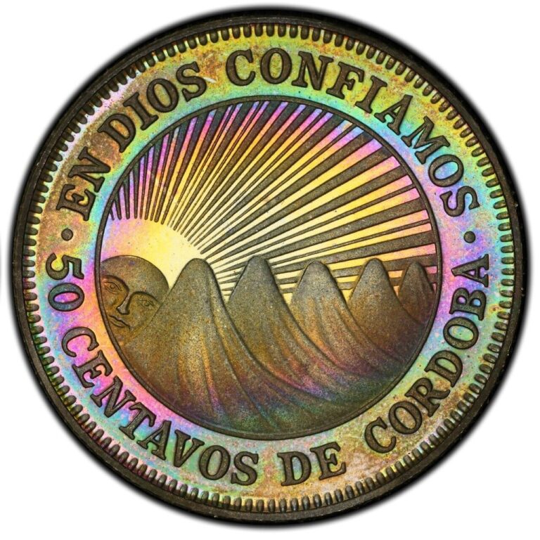 Read more about the article PR65CAM 1972 Nicaragua 50 Centavos Silver Proof  PCGS Trueview- Rainbow Toned