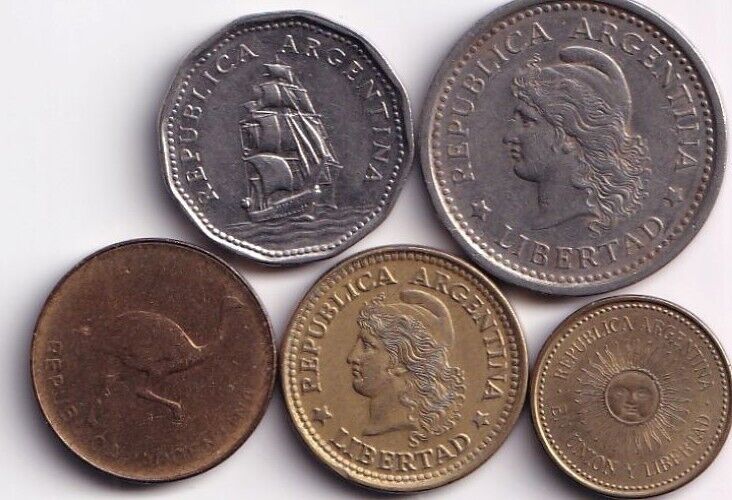 Read more about the article Four Argentina coins  1  5  and 50 Centavos  1 and 5 Pesos  sailing ship