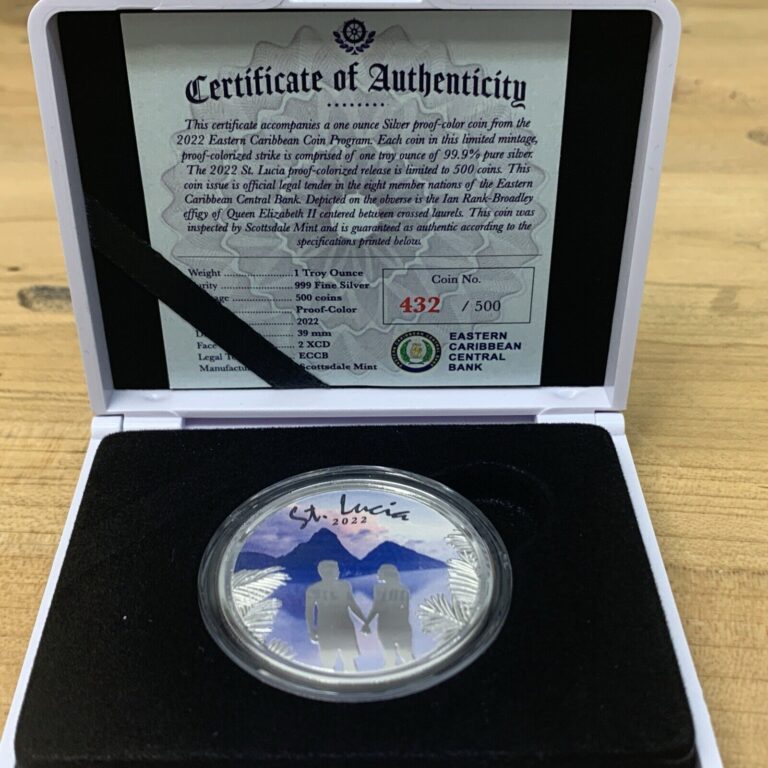 Read more about the article 2022 St Lucia 1 Troy Oz .999 Silver Proof Colorized Coin W/ Box and COA F657