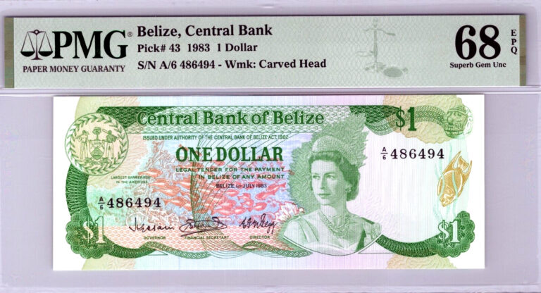 Read more about the article Belize 1 Dollar Pick# 43 1983 PMG 68 EPQ Top Pop Superb GemUncirculated Banknote