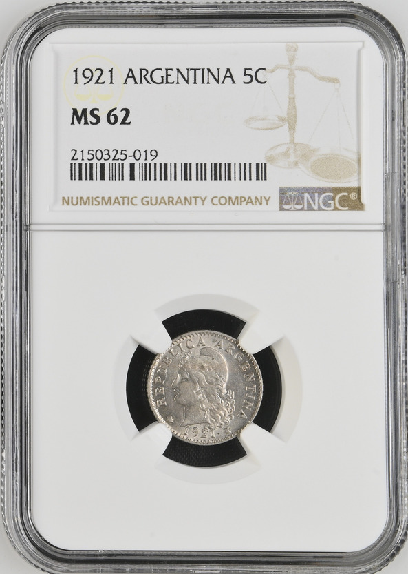 Read more about the article :1921 5-CENTAVOS ARGENTINA CAP LIBERTY HEAD NGC MS62 RARITY R10 1/0 TOP POP