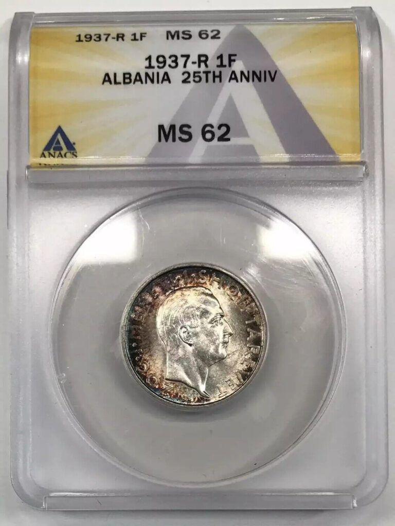 Read more about the article 1937-R Albania 25th Anniversary 1F Frang Ar ANACS MS62 *Rainbow Toning* – Zog I