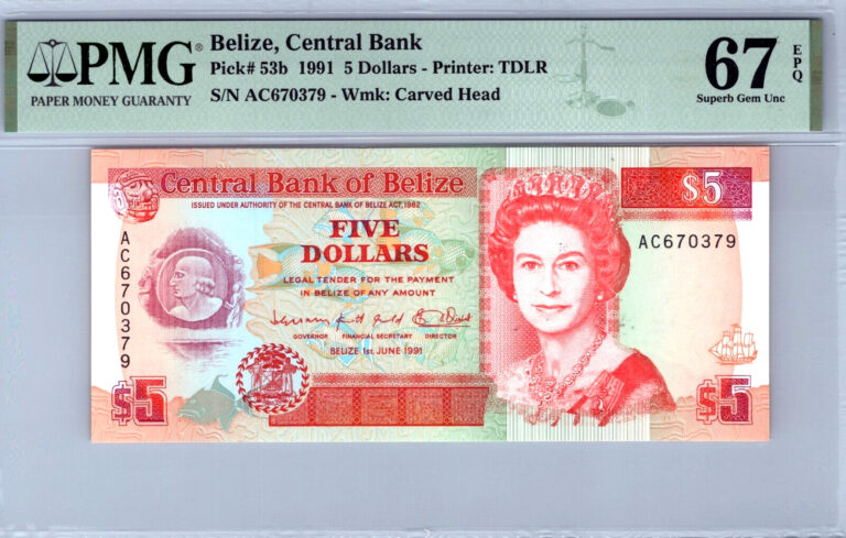 Read more about the article Belize 5 Dollars Pick# 53a 1990 PMG 67 EPQ Superb Gem Uncirculated Banknote