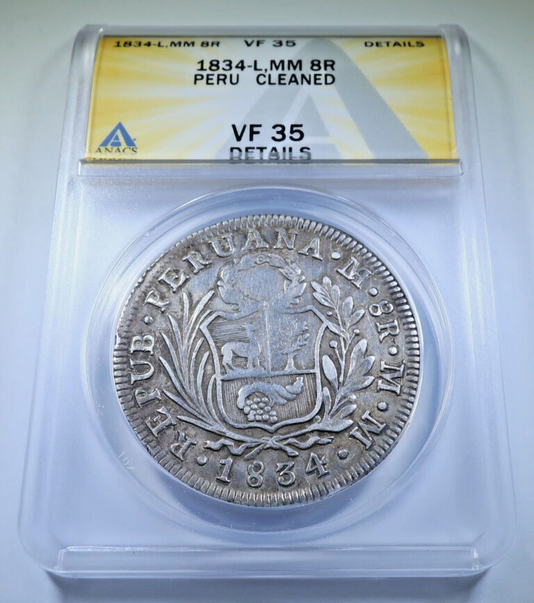 Read more about the article ANACS VF 1834 Peru Silver 8 Reales Genuine 1800s Piece Of Eight Dollar 8R Coin