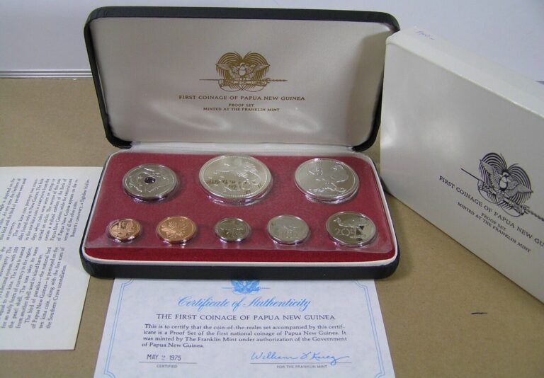 Read more about the article Papua New Guinea 1975 Proof Set 8 Coins inc 2 Silver  Case COA Cerificate Sleeve