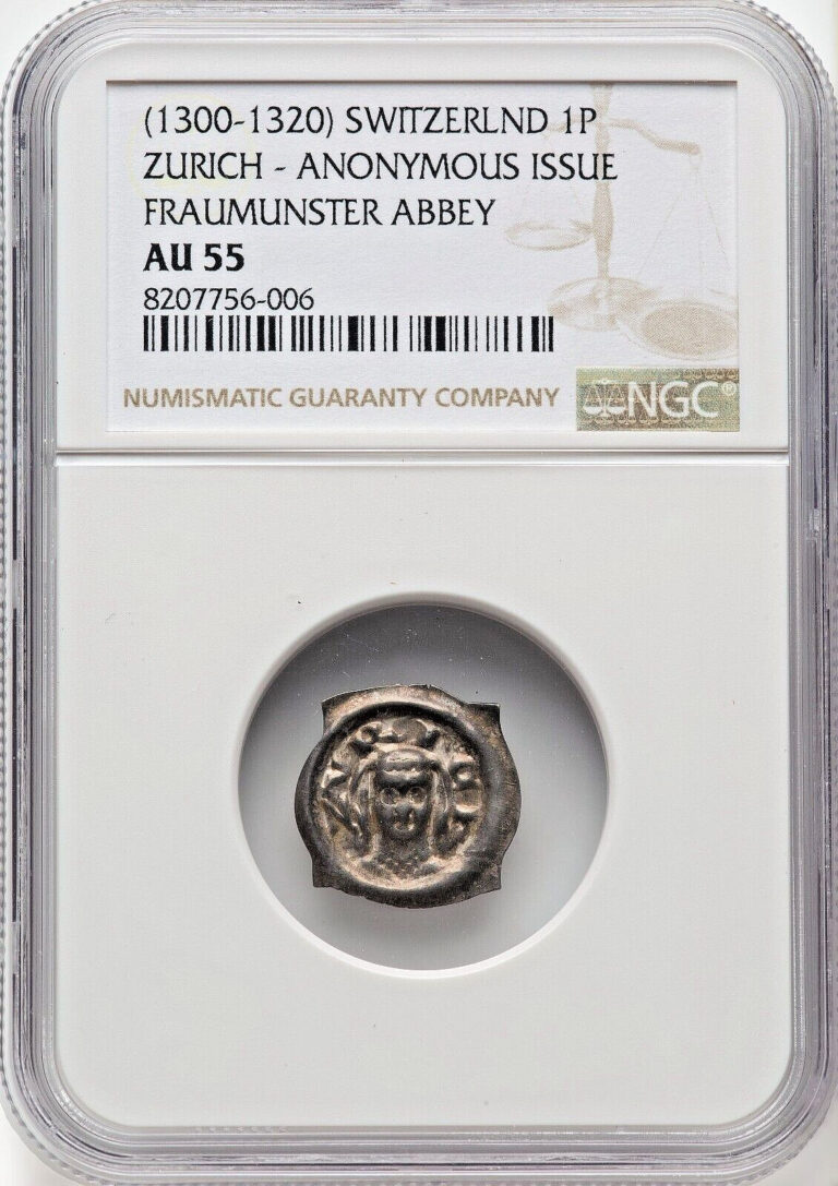 Read more about the article 1300 – 1320  Switzerland 1P Zurich Fraumünster Abbey NGC AU55 Medieval Penny