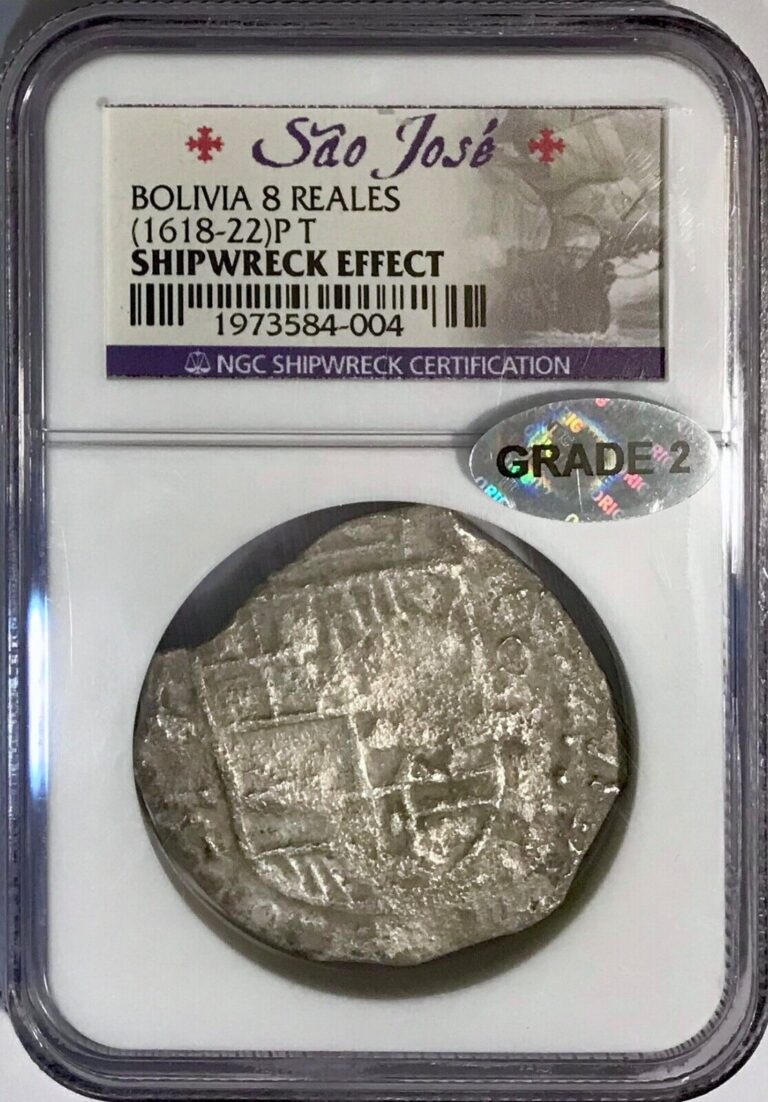 Read more about the article Grade 2 Old Silver Treasure Coin 1618-1622 P-T 8 Real Bolivia Cob NGC Shipwreck