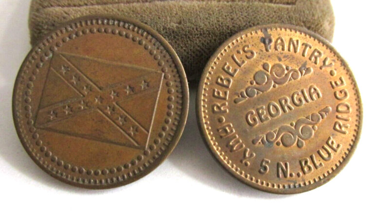 Read more about the article 2 Vintage Rebel’s Pantry Blue Ridge Georgia Copper Coins  Tokens Flag Coin