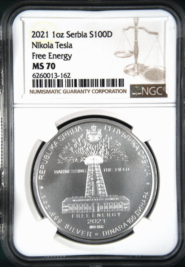 Read more about the article :2021 100 DINAR/1 OZ SILVER SERBIA NGC MS70(PL) TESLA FREE ENERGY R4 TOP POP