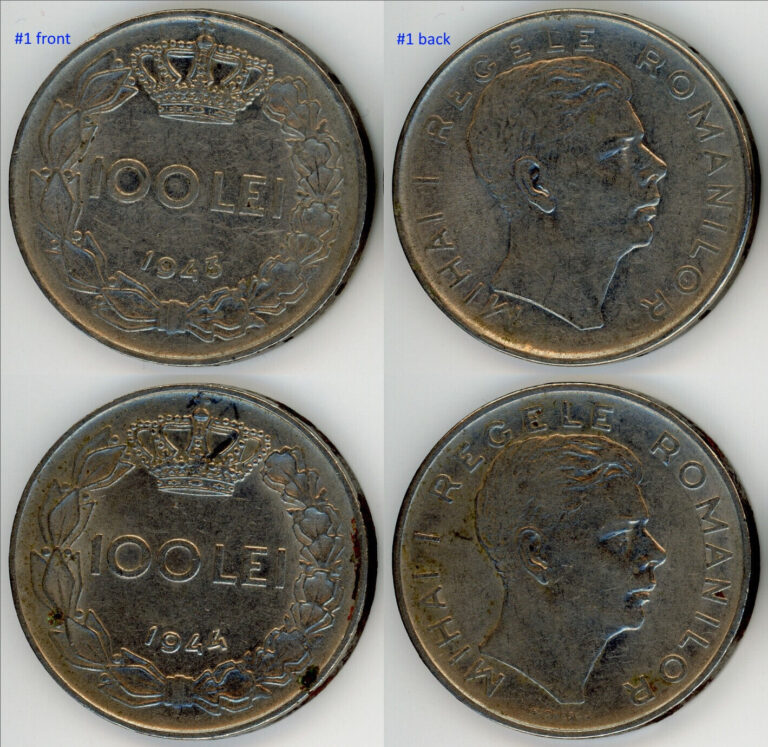 Read more about the article Romania 1943 1944  100 Lei KM#64  King Mihai I  WW2  lot of 2 nice coins. C195