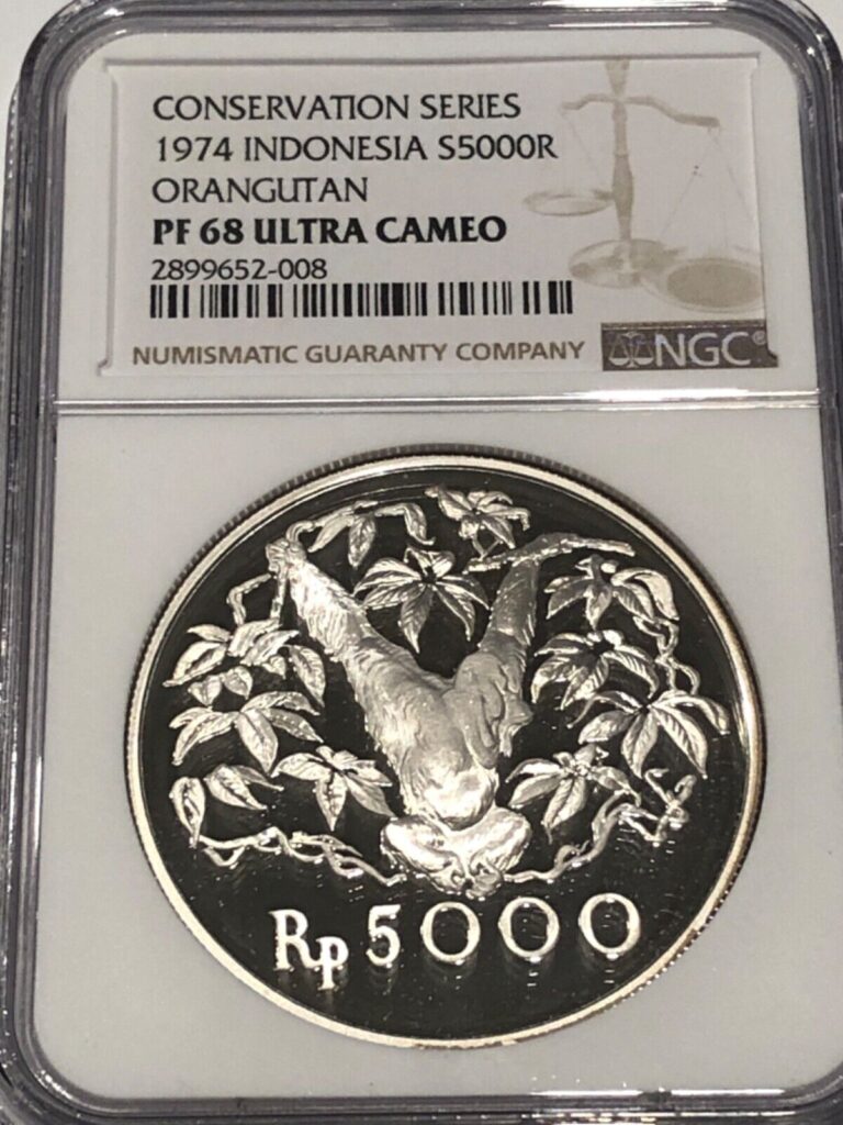 Read more about the article Indonesia 1974 5000 Rupiah NGC PF 68UC Silver Conservation Series Orangutan