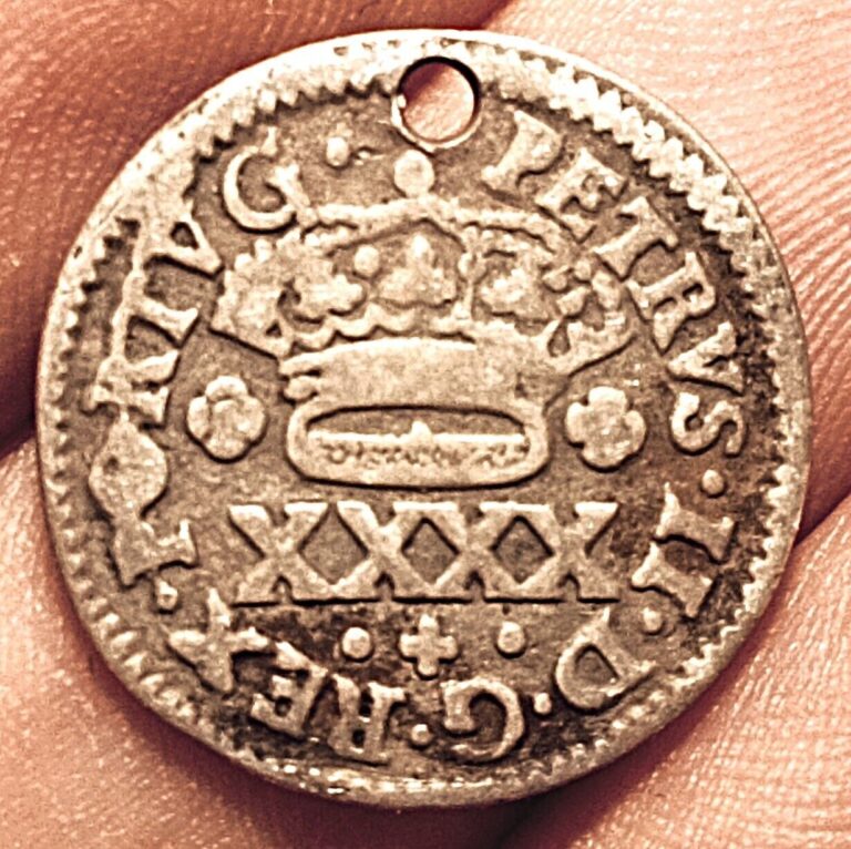 Read more about the article Portugal 50 reis (1/2 tostão) 1689-1704 coin (D. Pedro II; PORTO mint! SILVER!)