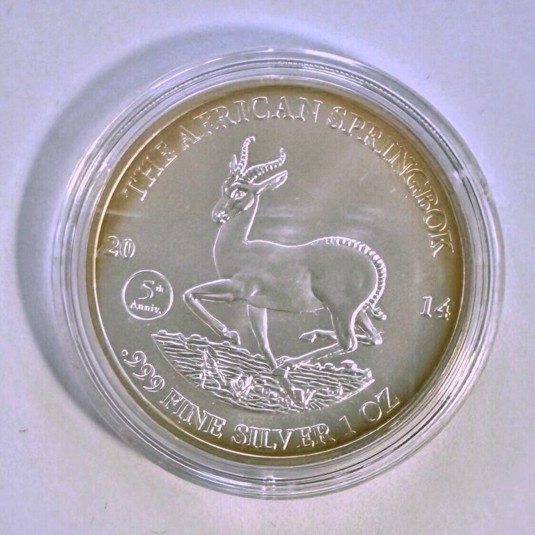 Read more about the article Gabon 2014 African Springbok 1000 Francs 1 Oz Pure Silver Coin BU toned