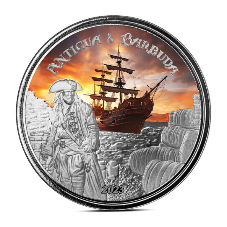 Read more about the article 2023 1 oz Antigua and Barbuda Rumrunner Pirate Silver Coin (BU  Colored)