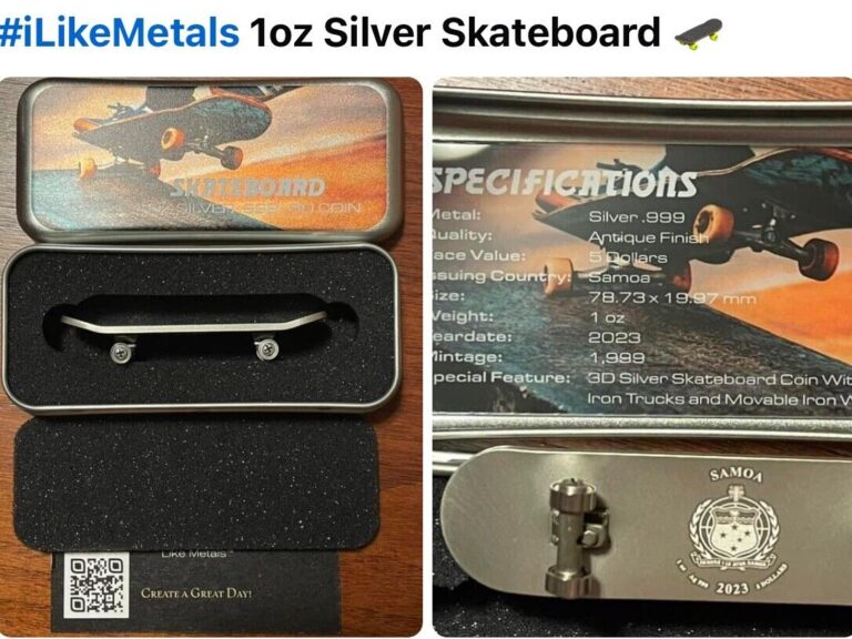 Read more about the article Moveable Skateboard 🛹 3D Shaped 2023 1 oz .999 Silver Coin 1999 Mintage Samoa