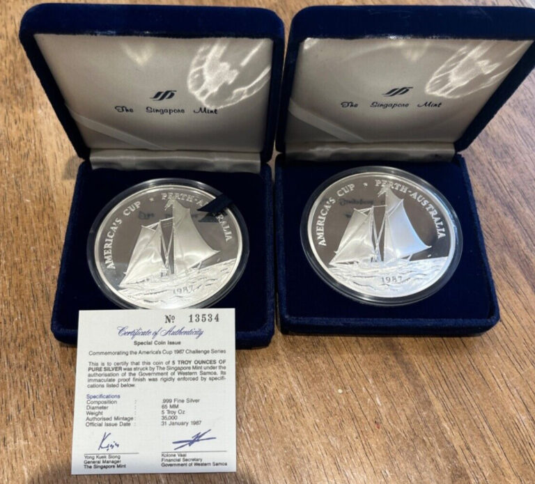 Read more about the article (2)  1987 Samoa 5 oz.  each   America’s Cup Perth Australia .999 Fine Silver