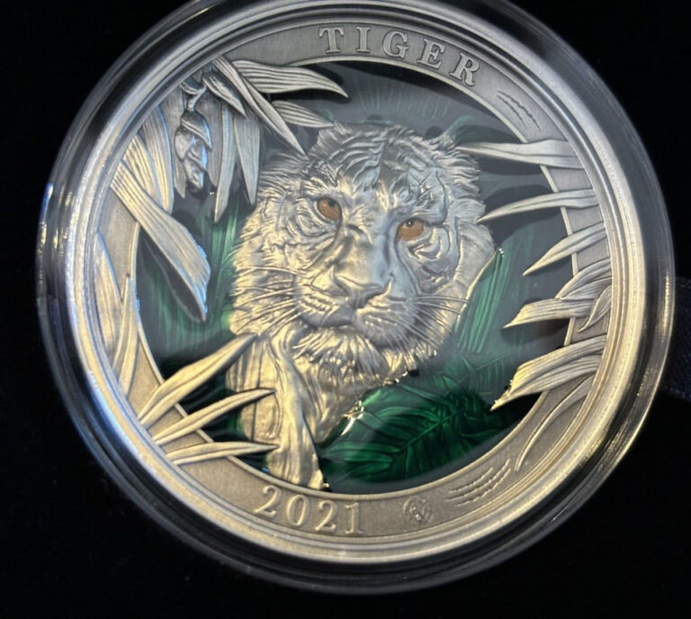 Read more about the article 2021 Barbados Colours of Wildlife Tiger 3 oz Silver Ultra High Relief Coin