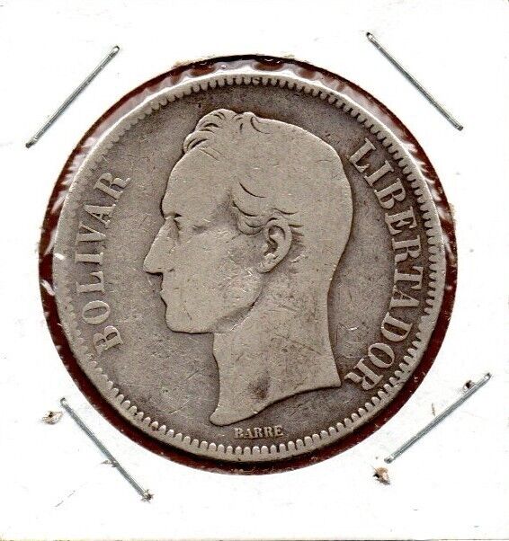 Read more about the article Venezuela  Coin “Fuerte” 5 Bolivares Bs 1886 Silver .900 37.2mm 25gr. KM#24