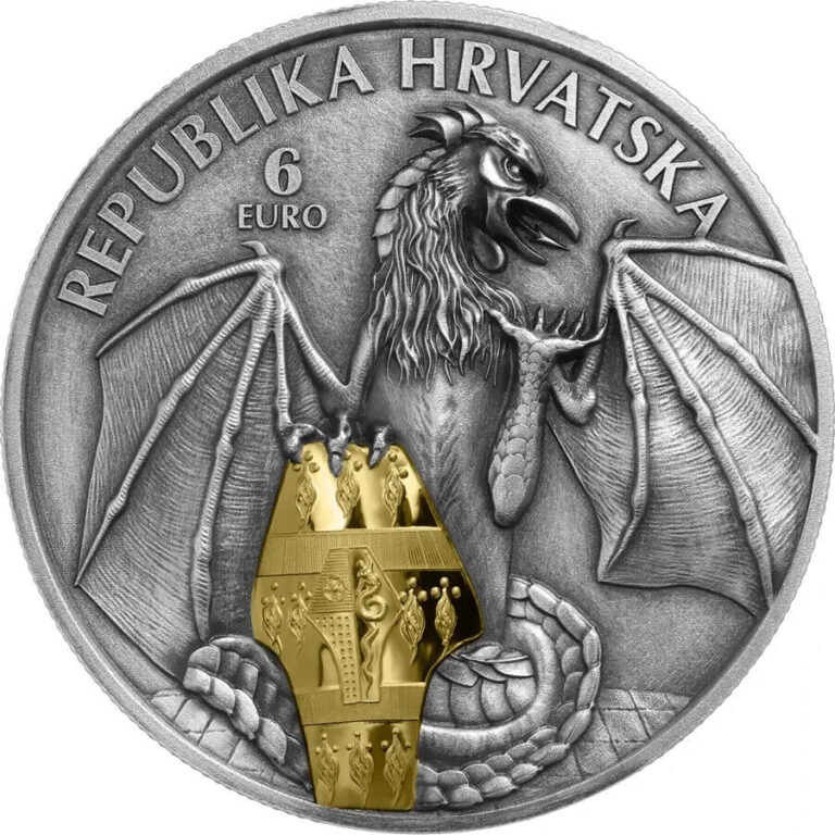 Read more about the article 2024 Croatia Trsat Dragon 6 Euro 2 oz Silver Antiqued with Gold Gild Minted 1000